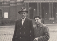 On the left Ferdinand Křivánek, former mayor of St. Helena, and with him Jaroslav Svoboda, a Czech teacher who worked for many years in the area of Czech villages in the Romanian Banat, Prague, early 1960s