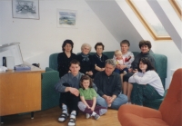 Baptism of grandson Marek (from left: daughter Věrka, mother Ludmila, mother-in-law Věra and mother-in-law with grandson Marek; sitting: son-in-law Petr, granddaughter Barborka, František Ludík and daughter Lenka), Náchod, 2003
