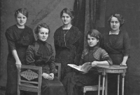 Grandmother Zdenka Cikánková (sitting on the right with a book) with her mother and three sisters. She is holding the book as a sign that she is the only one of her sisters going to college to support her mother and sisters after her father's death. But the sisters all got married, and grandma worked as a teacher after her studies