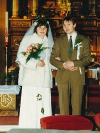 Wedding photo of František Novotný and Helena Zajícová in the church of St. Lawrence in Ronov nad Doubravou, 23 April 1988