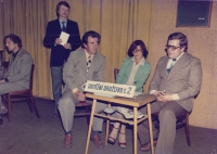 Jiří Cimrman with his teammates at the competition of the Czechoslovak-Soviet Friendship Association at the Scientific Library in Pilsen; Petr Jančařík was the emcee