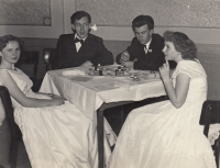 Jiří Cimrman (right) with classmates from the Higher Industrial School of Construction at the graduation ball on 5 January 1955