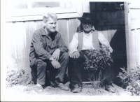 Milan Stuchlík (left) at the end of his research in front of the school where he lived, with his inseparable friend Carlos Huenchuman