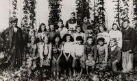 Hops Brigade and Olga Andrýsová, third from the left in striped sweater, 1949