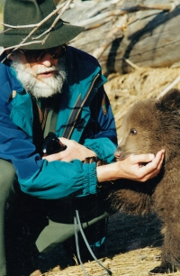 Petr Kadleček with Václav Chaloupek's bear during the filming of a children's movie. Year 2000