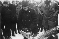 Václav Myslivec in 1968 while working with a chainsaw during his studies at the two-year forestry master school