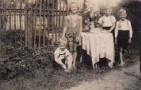 Celebrating Rosemarie Bensch's 10th birthday at the brickyard in Grenzeck in 1944, cousins Hary, Gerhard and Manfred