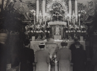 The wedding at the Old Town Hall was followed by a ceremony at the Church of St. James in Prague, 1956