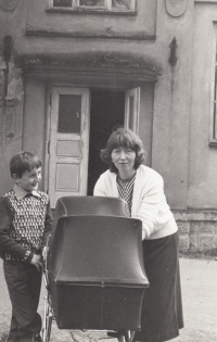 With son Jan and daughter in a pram, choir in Dlouhá Třebová, 1983