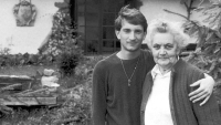 Son Martin Lukš with grandmother Maria Lukšová, Heřmanovice, about 1982