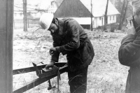 With igniter in front of the chamber blasting in the quarry, Heřmanovice, early 70s