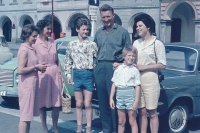 On a family trip in Prague in 1967.
From left: Jarmila Šrámková, sister Věra Svatá, nephew Zdeněk Svatý, brother-in-law Vladimír Svatý, sister-in-law from Canada Hane Sucharda, nee. Zimmer with a son