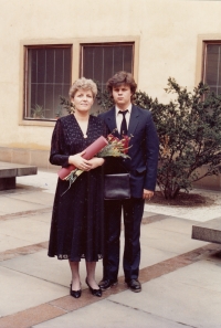 Graduation of Marie Šírková after she finished her doctorate. Witness with her son Martin, 1986