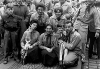 Václav Sobotka with Pioneer members in a parade, 1959