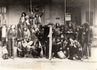 "Máničky" [hairies´] event at Petr Oravec's in Travná, photo taken at the railway station in Javorník, 1980s