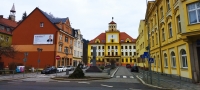 The picturesque centre of Kraslice, the 28th October Square with the town hall at the back and the post office on the right