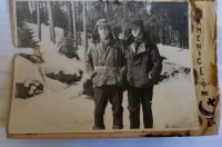 Friends from the Fort Adamson campsite tramping by the Kamenice river, which rises in the Jizera Mountains under the Holubník saddle west of Černá Hora as the Velký Kamenický potok, winter 1964