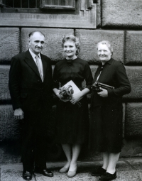 Bohumila Svobodová, née Amanová, with her parents at her graduation in 1959