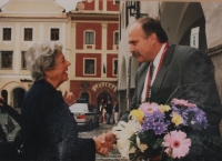 Jan Vondrouš greets Betty Boothroyd on her visit to Český Krumlov, 1990s