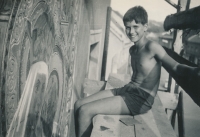 Oldřich Selucký restoring artwork in the Kyjov church, 1970