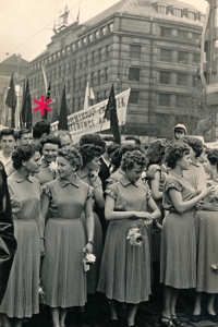 1 May procession, Wenceslas Square, Julius Fučík Ensemble, the witness is marked with an asterisk, 1954