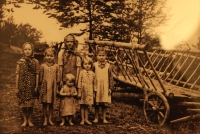 From left : Sisters Andělka, Růženka, the smallest Ludmila, behind her standing Anička, sister Jožinka and cousin Pavla, Stodoliska, 40s