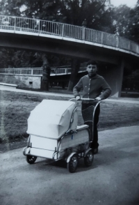 Jan Kouřil with pram, Olomouc, 1966