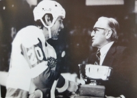 Václav Nedomanský accepts the Detroit Red Wings MVP award from Sid Abel, second half of the 1970s