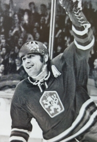 Václav Nedomanský enjoying a goal for the national team in the early 1970s