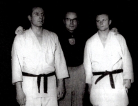 Czechoslovak national team, Jindřich Kaděra on the left, coach A. Lebeda in the middle, Jaroslav Polák on the right