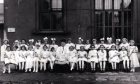 Jiřina Lukešová (right, next to the parish priest), Catholic House in Ostrava-Privoz, around 1940