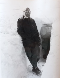 František Lehár, climbing Pik Lenin in Pamir, Frenchman in front of the entrance to the ice cave, 1965