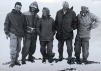 František Lehár, climbing Pik Lenin in Pamir, back on Lipkina Rock. From left Pavel, Rost'a, Marta, Franta, Mirek, 1965