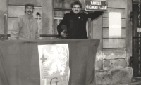 Václav Poláček (right) taking down the plaque "Vítězného února square", Josefov, 1990