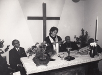 Consecration of Helena Salfická - service - from left, co-consecrator Richter, Helena Salfická, consecrating bishop Josef Pochop, Holice, 11.11.1973.