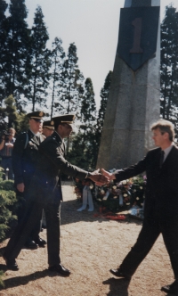 Otakar Mika (right) greets members of the U.S. Infantry Division Big Red One as head of the Cheb District Office. Early 1990s