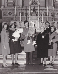 Daughter Jana's baptism, from left: sister Naděžda, wife Anna with daughter Jana, witness with son Pavel, witness's mother's sister, and wife's parents, 1975