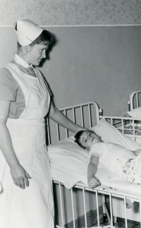 Children's burn ward at Ostrava Zábřeh Hospital, the nurse pictured is Antonie Tichopádová, 1960s