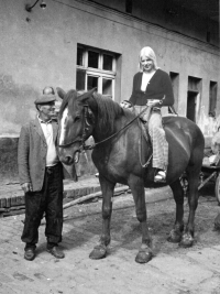 Otec František s jedním z koní pocházejícím od jeho chovné klisny / na koni příbuzná Ewalda Kubná