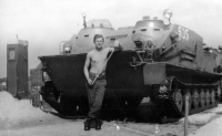 Josef Kubný in front of an armoured vehicle at the army in Čáslav 1965 to 1967