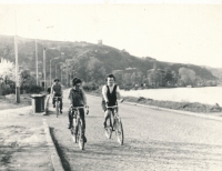 Family on a bike trip in Podbaba - in front brother Jan with his mother, in the back father. Photograph taken by Ondřej Vaculík, 1970