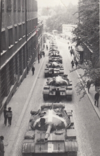 Soviet tanks driving through the city centre, Liberec, 21 August 1968