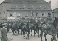 Josef Vozáb Sr. (on black horse in the middle) at a military parade of the Czechoslovak Eastern Army, probably in Žatec, 1945