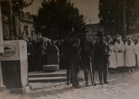 Father Vladimír Bohumil Šoffr (far right) in Trenčín during the visit of President Beneš, 1930s