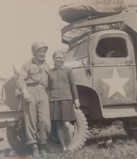 Rudolf Plzak's mother-in-law in Losina with an American at the end of the war in 1945