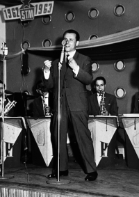 Karel Vlček singing at the Regional Dance Orchestra Show in Mladá Boleslav, 1963