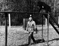 Karel Vlček, as a cynologist, with champion schnauzer Garry during training, 1984