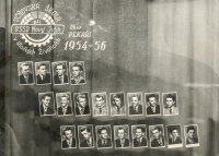 Photo board of apprentices of the Apprenticeship School at the OSSD Nový Jičín in Hladke Životice, baker's branch in the study years 1954-1956. Photo of Arnošt Obrusník, second row, first from the left