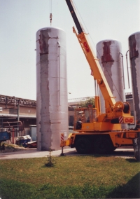 Metal silos in the bakery in Dolni Benešov. Installation in the 1990s