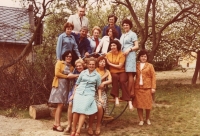 Olga Adámková (centre left), the teaching staff of the primary school on Svatý Kopeček near Olomouc, 1970s